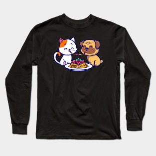 Cute Couple Cat And Pug Dog Eating Spaghetti Together Cartoon Long Sleeve T-Shirt